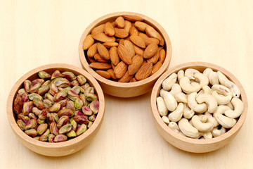 Bowls of Almonds,cashew, pistachio