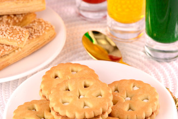 sweet cake on white plate and juice