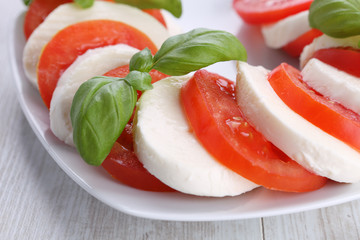 Tomato and mozzarella with basil leaves on a white plate