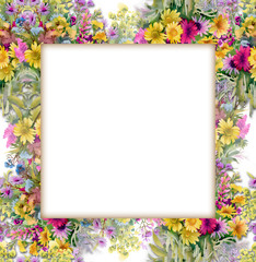 Watercolor flower frame on white background