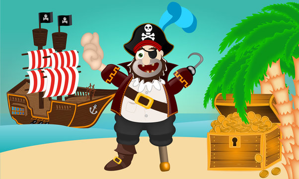 Treasure Island with pirate and treasure and pirate ship