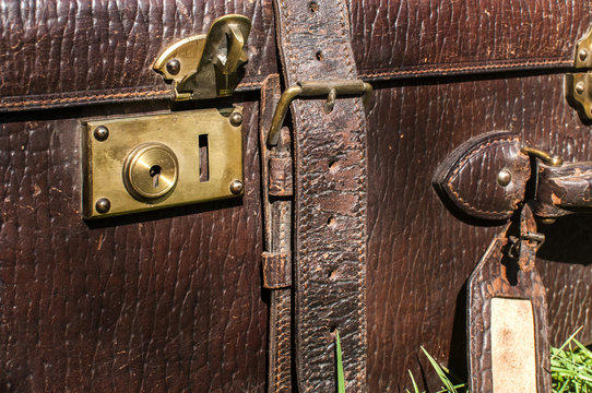 Old retro leather suitcase detail closeup