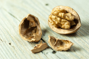Walnuts on old wooden table