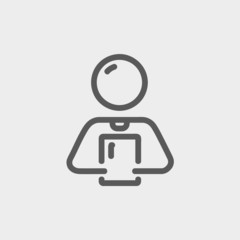 Man holding touch screen tablet thin line icon