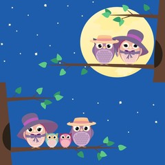 Happy owls family sitting on a tree branch - Illustration