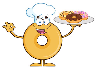 Donut Cartoon Character Wearing A Chef Hat And Serving Donuts