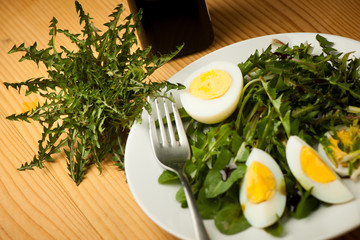 Fresh spring green  dandelion salad with eggs on a plate closeup