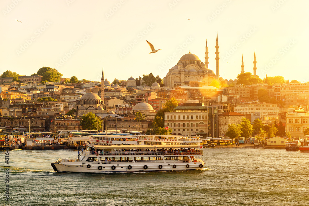 Wall mural Tourist ship sails in Istanbul, Turkey. Sunny travel and tourism concept.