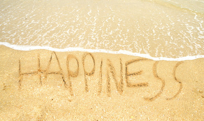 happiness written in the sand