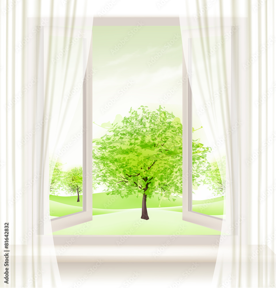 Aufkleber Background with an open window and green trees. Vector.