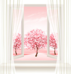 Spring background with an open window and blossoming pink sakura