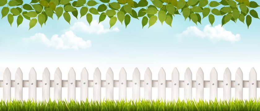 Long white fence banner with grass and fence. Vector.