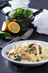 Pasta fusilli with baked salmon and spinach