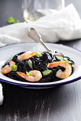 Squid ink homemade pasta with shrimp