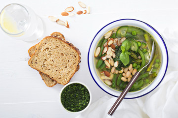 Minestrone soup with spring green vegetables
