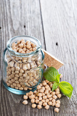 Raw chickpeas in a glass jar
