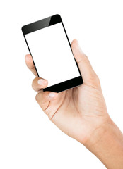 hand hold smartphone isolated white with clipping path inside