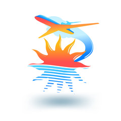 Sun, sea and flying plane.