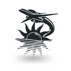 Sun, sea and flying plane.