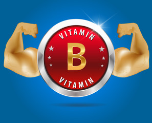 Vitamin B label silver badge on blue background - vector eps10