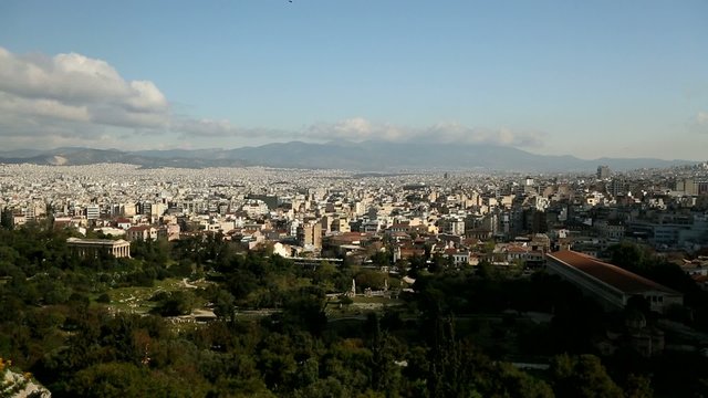 Panorama of Athens and Lycabettus Hill (right) in Greece.