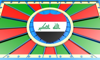 iraq flag on shield in center of sun burst banner