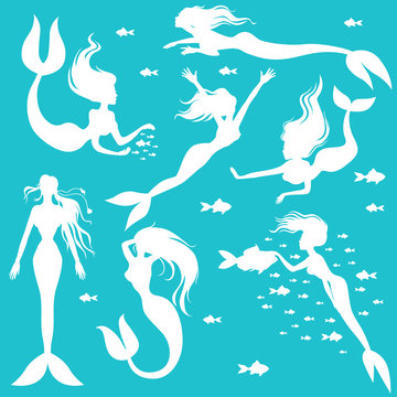 Set white silhouettes mermaids on turquoise background