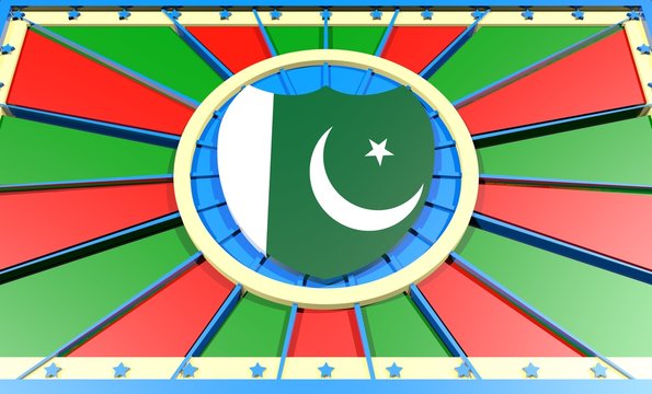 pakistan flag on shield in center of sun burst banner