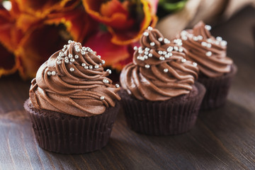 Mothers day  chocolate cupcakes  with spring tulips
