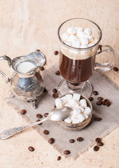 Glass Cup of coffee with marshmallow, milk jug and coffee beans
