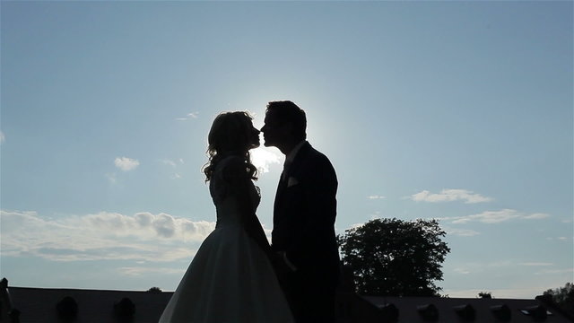 A young married couple kissing in the sunlight. Two shots