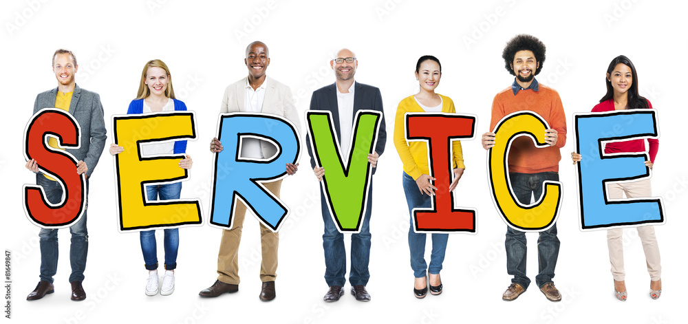 Wall mural diverse group of people holding text service concept - Wall murals