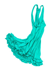 green jersey dress falls in the air on a white background