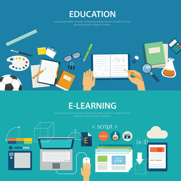 Concepts Of Education And E-learning Flat Design