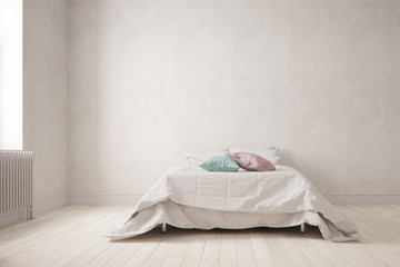 Schlichtes Schlafzimmer mit Bett an Wand - obrazy, fototapety, plakaty