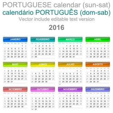 2016 Calendar Portuguese Language Version Sun – Sat