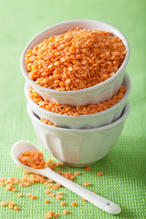 raw healthy red lentils in bowls