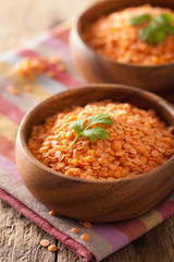 raw healthy red lentils in bowls