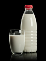 Milk in a plastic bottle and a glass
