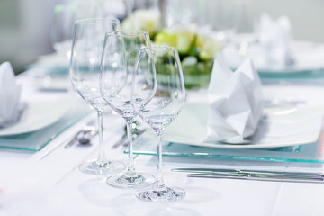 Table set in green and white for wedding or event party