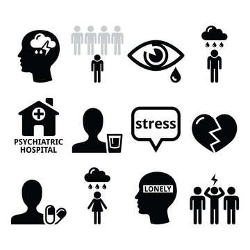 Mental health icons - depression, addiction, loneliness
