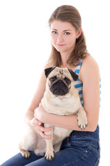 young woman with pug dog isolated on white