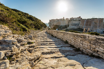 Steps leading down towards Bonifacio citadel in Corsica