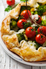 Vegetarian tart with broccoli, tomato, paprica and cheese