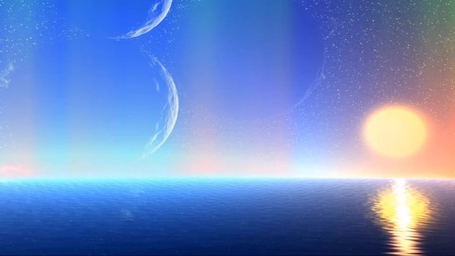 Fantasy alien planet. Sea, sky and northern lights