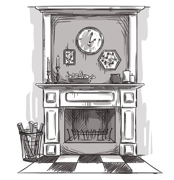 Hand Drawn Fireplace. A Cozy Place At Home.