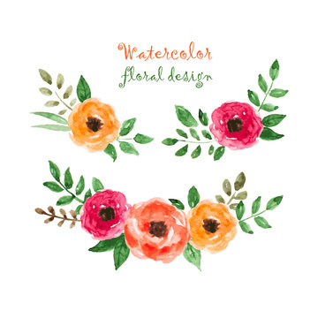 Vector watercolor flowers and leaves