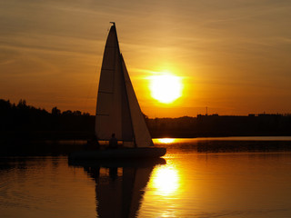 sailboat on the lake, sunset landscape
