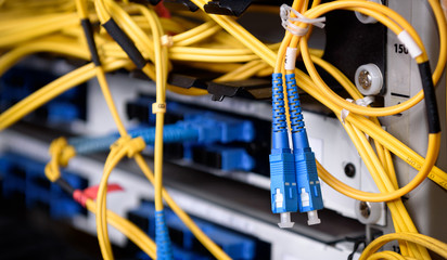 Fiber Optic on network core switch close up