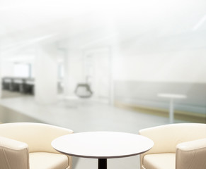 Wood Table Of Blur Background in Office